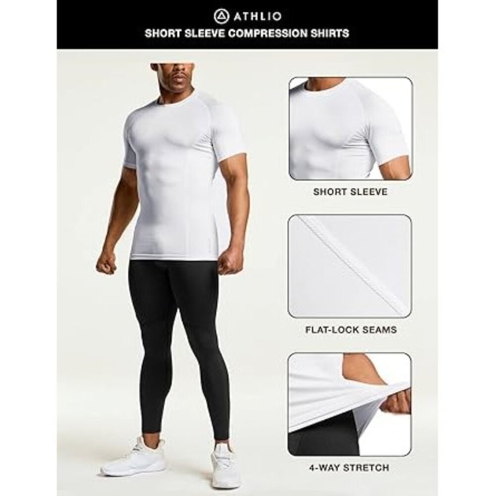 ATHLIO Men's Cool Dry Short Sleeve Compression Shirts Size M In White